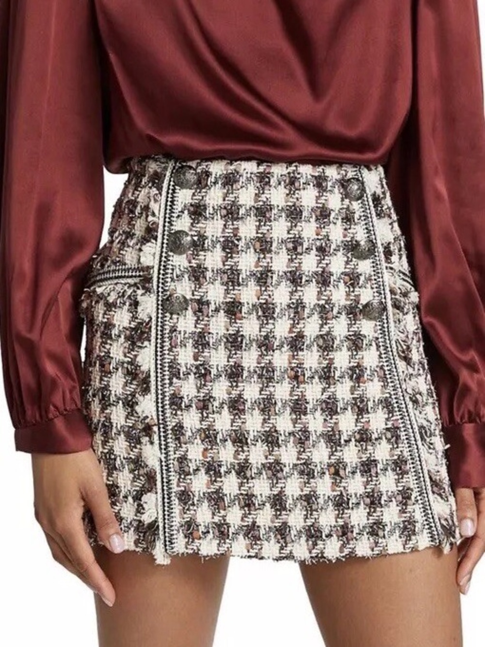Veronica Beard Starck Tweed Houndstooth Button-Front Mini Skirt - Cream & Brown